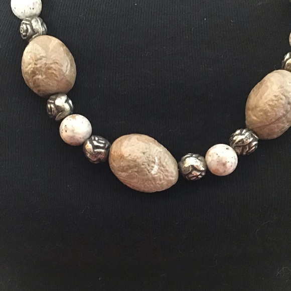 Women’s Long Necklace Tan Beige Silver - Picture 8 of 10